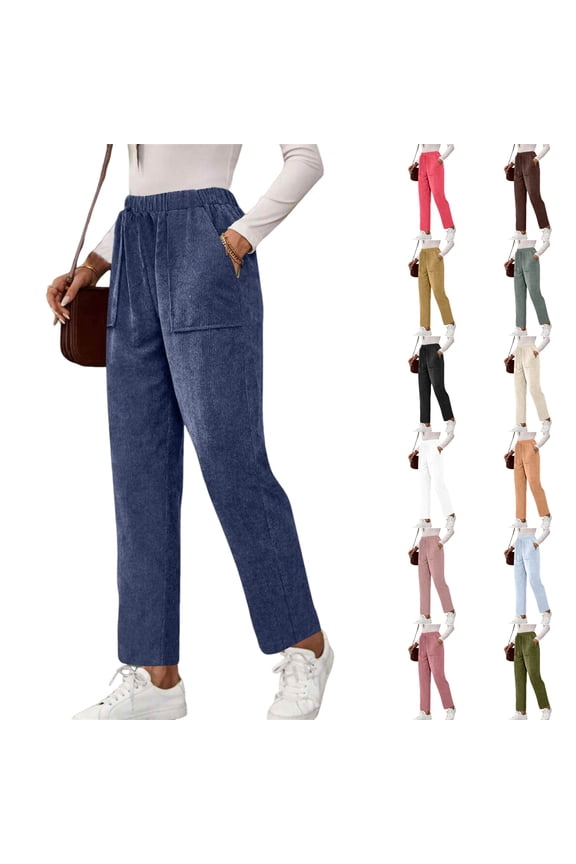 Corduroy Pants Women Casual Elastic High Waist Petite Straight Leg Loose Comfy Trousers with Pockets Fall Winter 2026 Blue L