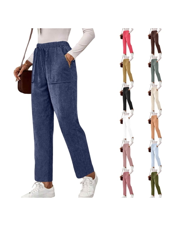 Corduroy Pants Women Casual Elastic High Waist Petite Straight Leg Loose Comfy Trousers with Pockets Fall Winter Blue L
