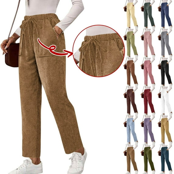 Straight Leg Work Trousers Women 2026.Corduroy Pants Women Elastic High Waist Vintage Straight Wide Leg ...