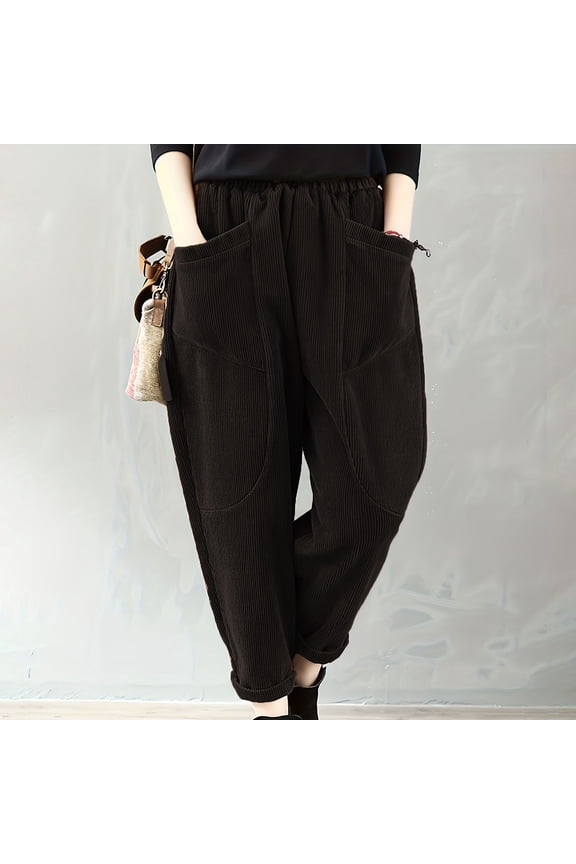 Corduroy Pants for Women Elastic Waist Loose Fit Comfy Tapered Trousers Fashion Hiking Pants with Big Pockets,Wide Leg Pants Relaxed Fit Trousers,Fall Streetwear Slacks Corduroy Pants Baggy Trousers