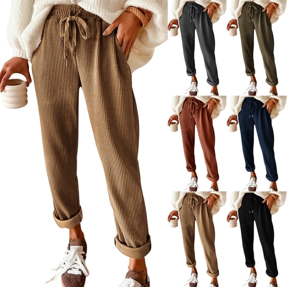 Corduroy Pants Women High Waisted Drawstring Casual Straight Leg Pants Loose Comfy Lounge Pants Trousers with Pockets Gray S