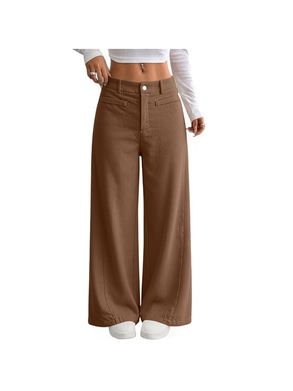 Corduroy Pants Women High Waisted Wide Leg Loose Trousers | Fall Winter Soft Ribbed Straight Leg Casual Pants with Pockets, Boho Streetwear, Business Casual Work Clothes, L