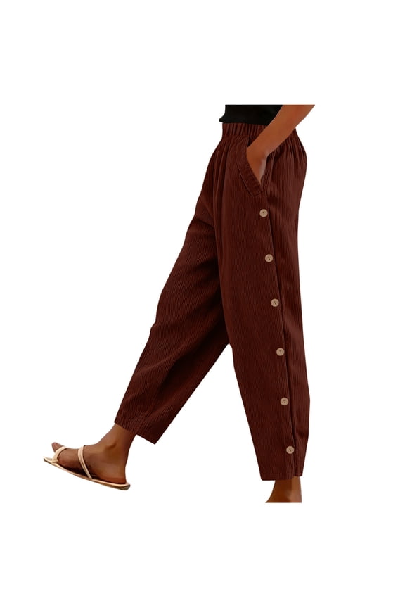 Corduroy Pants Women Stretch Elastic Waist Casual Side Button Loose Comfy Straight Leg Trousers with Pockets
