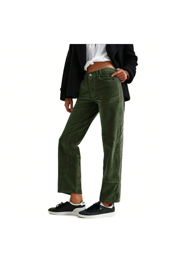 Corduroy Pants Women Tall Casual Stretch Straight Leg Corduroy Pants Loose Comfy Cord Wide Leg Trousers with Pockets
