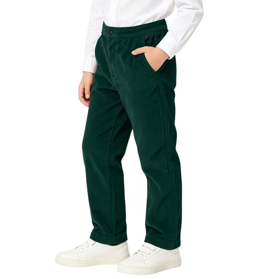 Corduroy Pants for Boys Girls Button Down Zip Up Tapered Pant Stretchy Casual Fashion Fall Winter Trousers with Pockets (13-14 Years, Green)