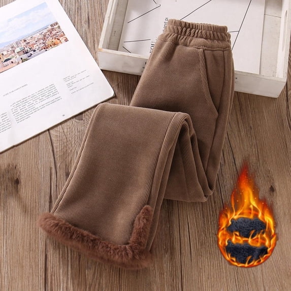Corduroy Pants for Girls Fleece Lined Warm Winter Leggings Stretch Cozy Thick Warm Flare Trouser with Pocket Khaki 11-12 Years