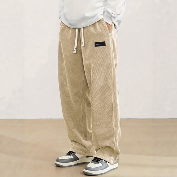 Corduroy Pants for Man Elastic Waist Sweatpants Straight Leg Joggers Fall Winter Casual Loose Soft Solid Trousers L