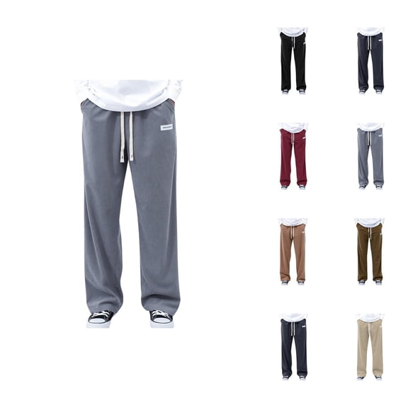 Corduroy Pants for Men Elastic Waist Drawstring Straight Leg Wide Leg Long Casual Pants with Pockets Trousers
