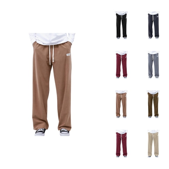 Corduroy Pants for Men Elastic Waist Drawstring Straight Leg Wide Leg Long Casual Pants with Pockets Trousers