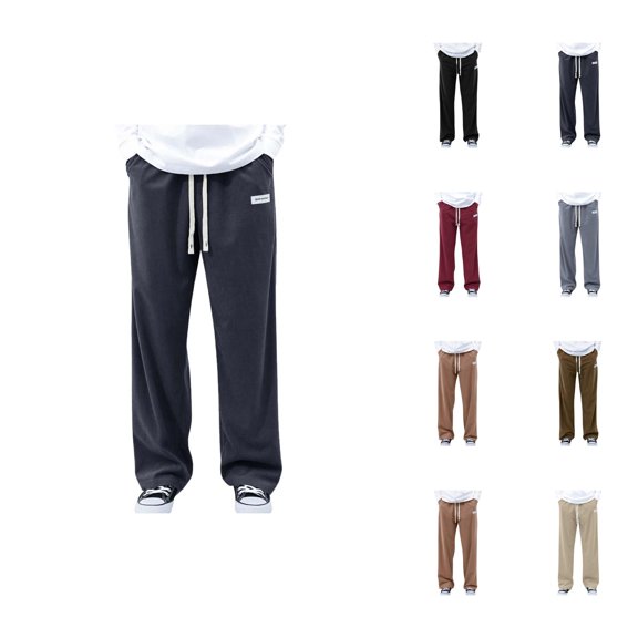 Corduroy Pants for Men Elastic Waist Drawstring Straight Leg Wide Leg Long Casual Pants with Pockets Trousers