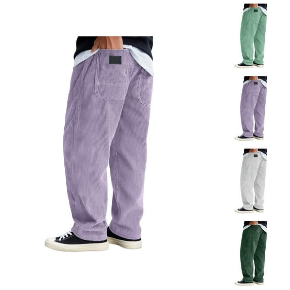 Corduroy Pants for Men Fall Winter Elastic Waist Drawstring Loose Casual Baggy Pants with Pockets Trousers