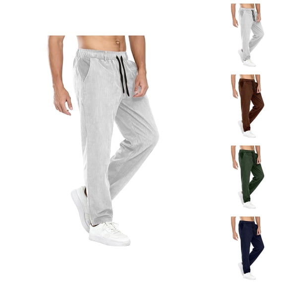 Corduroy Pants for Men Fall Winter Elastic Waist Drawstring Loose Fit Long Pants with Pockets Trousers