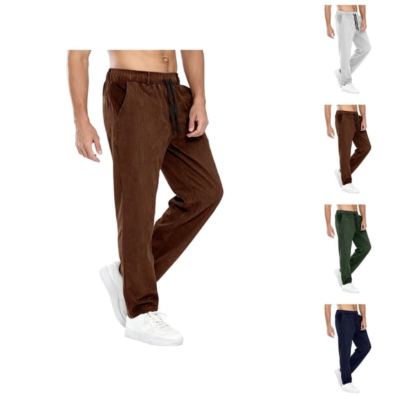 Corduroy Pants for Men Fall Winter Elastic Waist Drawstring Loose Fit Long Pants with Pockets Trousers