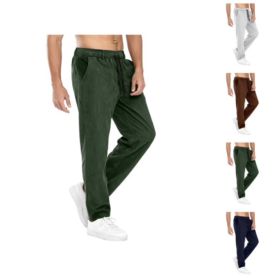 Corduroy Pants for Men Fall Winter Elastic Waist Drawstring Loose Fit Long Pants with Pockets Trousers