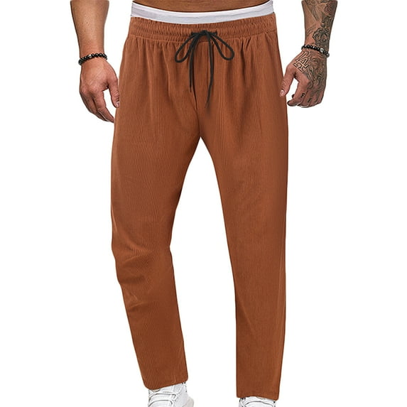 Corduroy-Pants for Men with Pockets Casual Drawstring Elastic Waist Trousers Straight Leg Loose Thickened Warm Solid Loungewear Pant Fall