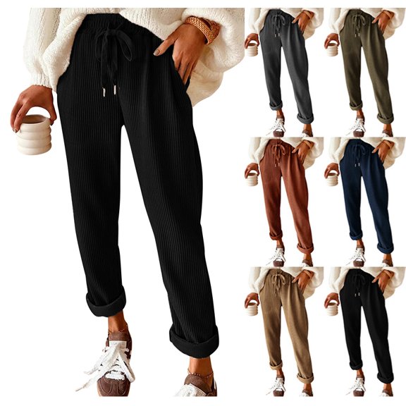 Corduroy Pants for Women Casual Drawstring Elastic High Waist Straight Leg Pants Loose Comfy Trousers with Pockets,Black M
