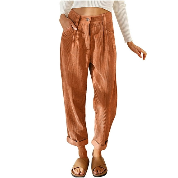 Corduroy Pants for Women Casual Elastic High Waisted Straight Leg Pants Loose Comfy Fall Trousers with Pockets