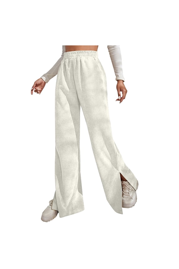 Corduroy Pants for Women Elastic Waist Wide Leg Pants Solid Color Casual Loose Split Hem Fall Lounge Trousers Ladies Clothes