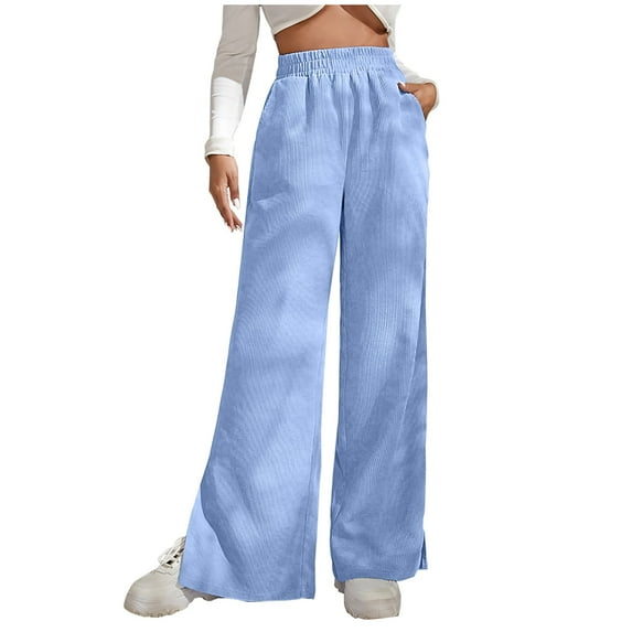 Corduroy Pants for Women Casual Elastic High Waisted Straight Leg Split Hem Pants Loose Comfy Trousers with Pockets