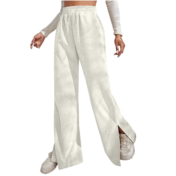 Corduroy Pants for Women Casual Elastic High Waisted Straight Leg Split Hem Pants Loose Comfy Trousers with Pockets