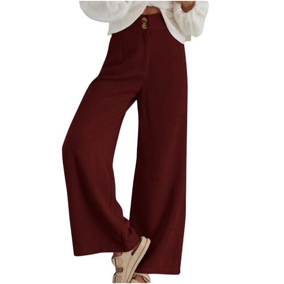 Corduroy Pants for Women Casual High Waisted Double Buttoned Stretchy Loose Wide Leg Trousers with Pockets New Womens Wide Leg Pants Dressy Wine XXL