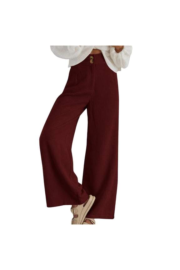 Corduroy Pants for Women Casual High Waisted Double Buttoned Stretchy Loose Wide Leg Trousers with Pockets New Work Pants Women Stretch Wine L