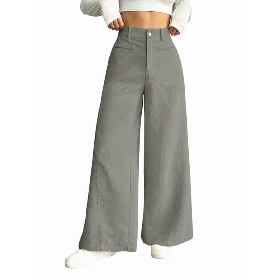 Corduroy Pants for Women Casual High Waisted One Buttoned Stretchy Loose Fit Wide Leg Pants with Pockets Gray XXL
