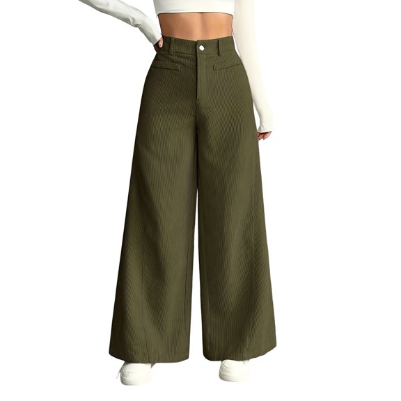 Corduroy Pants for Women Casual High Waisted One Buttoned Stretchy Loose Fit Wide Leg Pants with Pockets Green S
