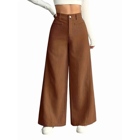 Corduroy Pants for Women Casual High Waisted One Buttoned Stretchy Loose Fit Wide Leg Pants with Pockets Light Brown S