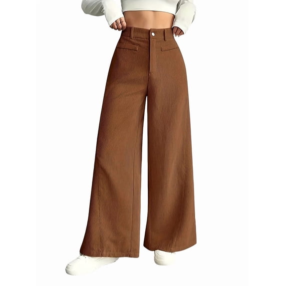 Corduroy Pants for Women Casual High Waisted One Buttoned Stretchy Loose Fit Wide Leg Pants with Pockets Light Brown XL