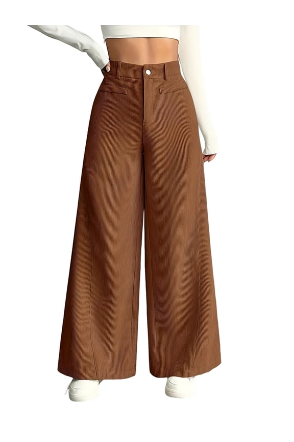 Corduroy Pants for Women Casual High Waisted One Buttoned Stretchy Loose Fit Wide Leg Pants with Pockets Light Brown XXL