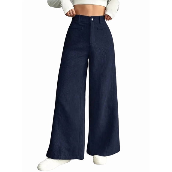 Corduroy Pants for Women Casual High Waisted One Buttoned Stretchy Loose Fit Wide Leg Pants with Pockets Navy Blue L