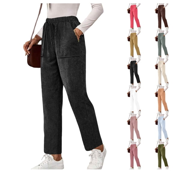 Corduroy Pants for Women Elastic High Waist Pull On Straight Leg Slacks Casual Fall Trousers with Pockets Black M