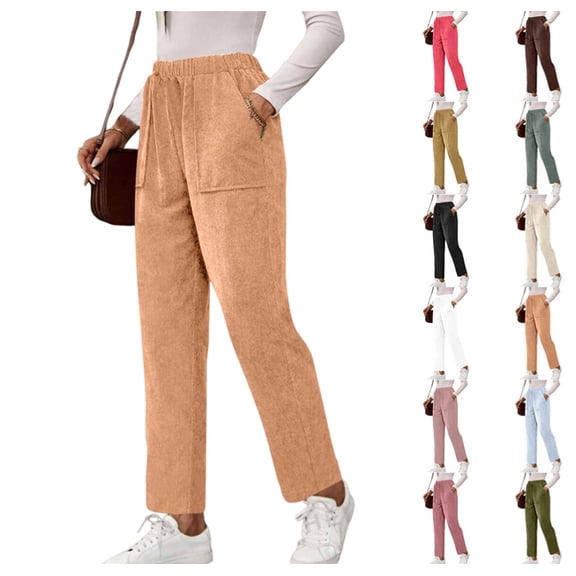 Corduroy Pants for Women Elastic High Waist Pull On Straight Leg Slacks Casual Fall Trousers with Pockets Brown XL