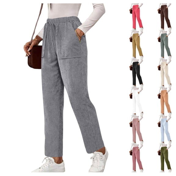 Corduroy Pants for Women Elastic High Waist Pull On Straight Leg Slacks Casual Fall Trousers with Pockets Gray L