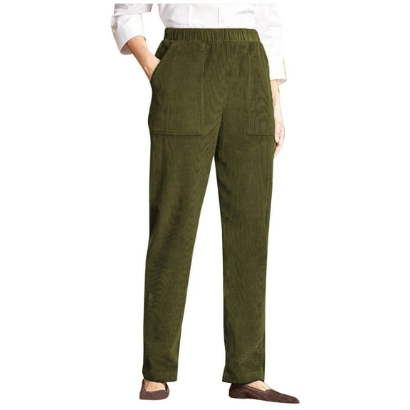 Corduroy Pants for Women Elastic High Waist Pull On Straight Leg Slacks Casual Fall Trousers with Pockets