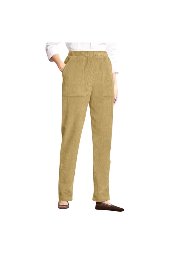 Corduroy Pants for Women Elastic High Waist Pull On Straight Leg Slacks Casual Trousers with Pocket Earthy Yellow S