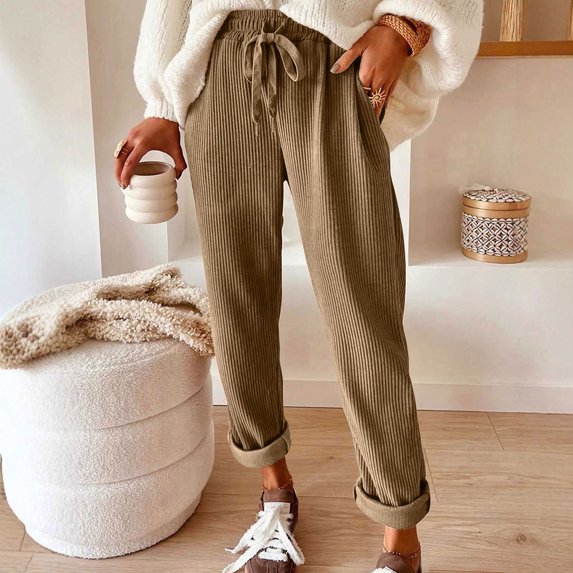 Corduroy Pants for Women Elastic High Waist Trousers Straight Leg Ribbed Bottoms with Pockets Casual Lounge Streetwear