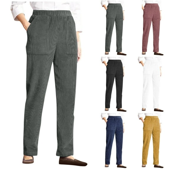 Corduroy Pants for Women Elastic Waist Casual Straight Leg Trousers Soft Warm Plus Size Corduroy Slacks with Pockets Black M