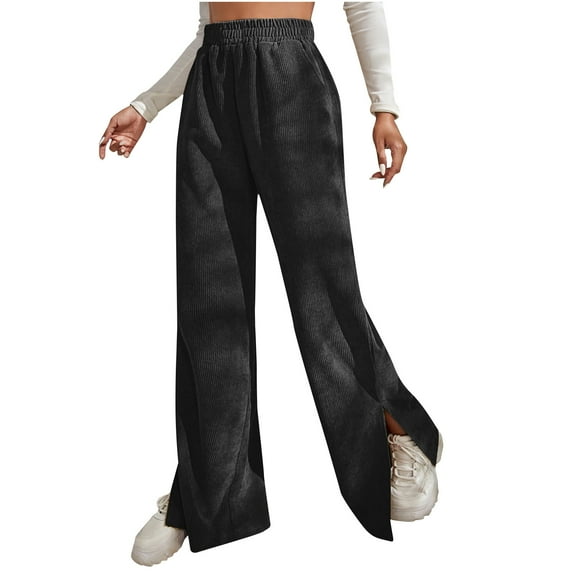 Corduroy Pants for Women Casual Elastic High Waisted Straight Leg Split Hem Pants Loose Comfy Trousers with Pockets Women Clothes
