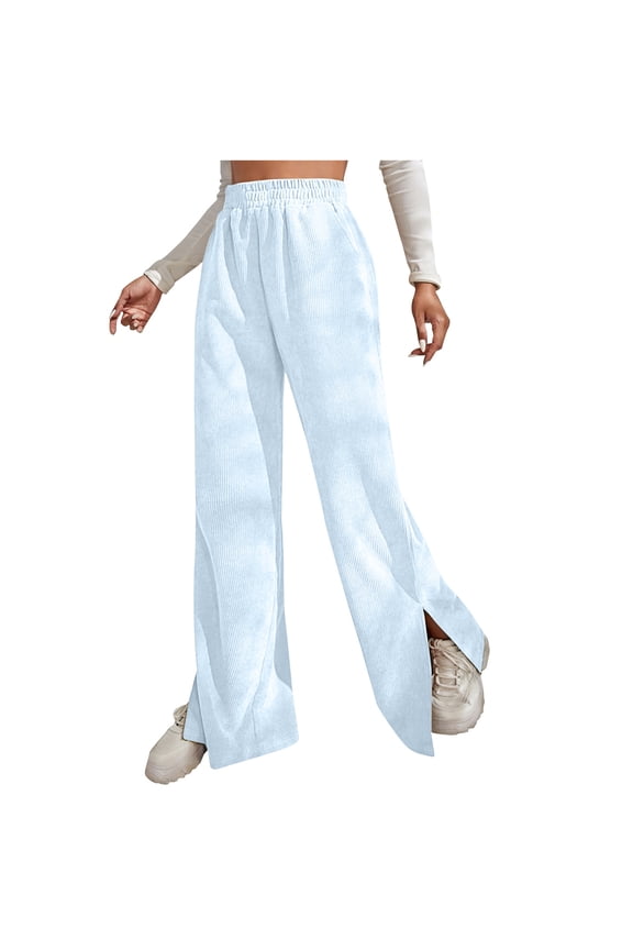 Corduroy Pants for Women Elastic Waist Wide Leg Pants Solid Color Casual Loose Split Hem Fall Lounge Trousers Ladies Clothes