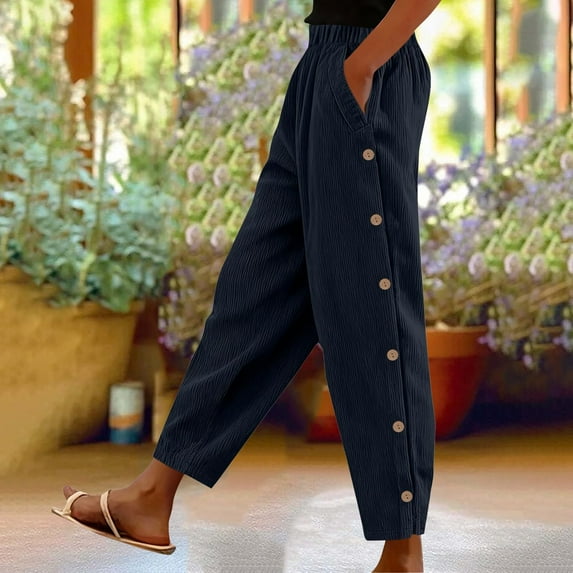 Corduroy Pants for Women Side Button Elastic Waist Fall Winter Pant Straight Leg Lightweight Comfy Trousers with Pockets Navy M