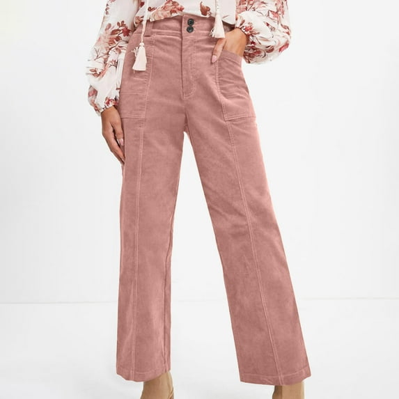 Corduroy Pants for Women Womens Casual Winter Straight Leg Trousers Solid Color Elastic High Waist Pants Loose Comfy Long Trousers with Pockets