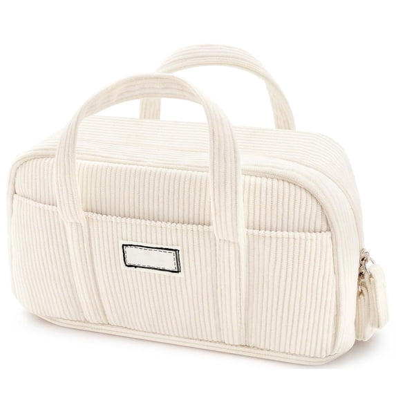 Corduroy Pencil Case Large Capacity Double Layer Aesthetic Handbag Style Stationery Bag with Handles for Middle School Students White