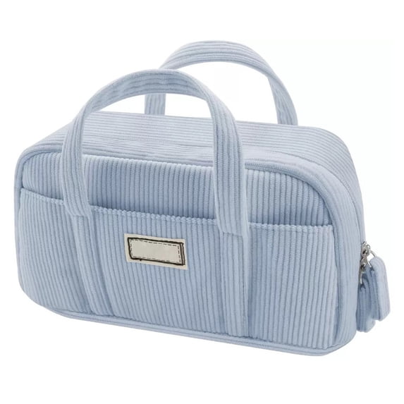 Corduroy Pencil Case Large Capacity Double Layer Aesthetic Handheld Stationery Bag for Middle School Students Blue