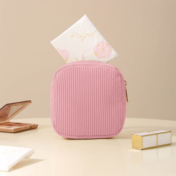 Corduroy Period Pad Storage Bag with Zipper – Portable Sanitary Napkin Pouch and Small Travel Makeup Organizer for Purse and Backpack