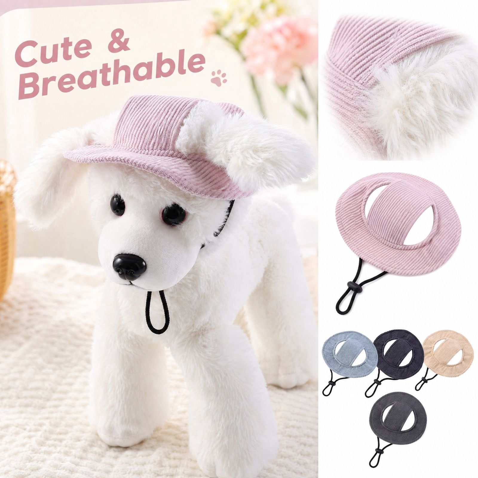 Corduroy Pet Hat Breathable Headwear With Ear Holes Adjustable Chin ...