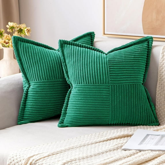 Corduroy Pillow Covers with Splicing Set of 2 Super Soft Boho Striped Christmas Pillow Covers Broadside Decorative Textured Throw Pillows for Couch Cushion Livingroom 18x18 inch Emerald Green