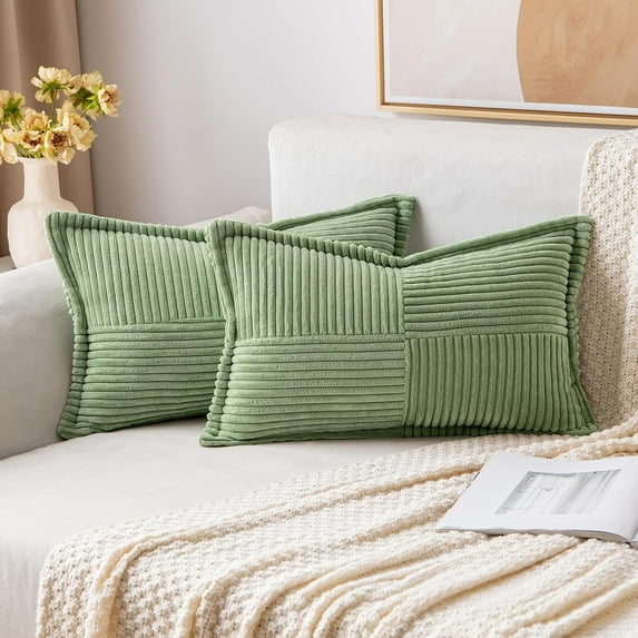 Corduroy Pillow Covers with Splicing Set of 2 Super Soft Boho Striped Pillow Covers Broadside Decorative Textured Throw Pillows for Spring Couch Cushion Livingroom 12x20 inch, Sage Green