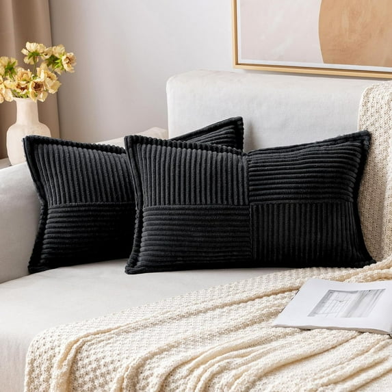 Corduroy Pillow Covers with Splicing Set of 2 Super Soft Couch Pillow Covers Broadside Striped Decorative Textured Throw Pillows for Cushion Bed Livingroom 12 x 20 inch, Black